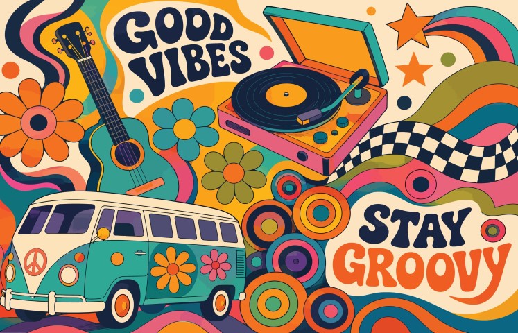 Retro groovy 1970s style music and travel illustration.